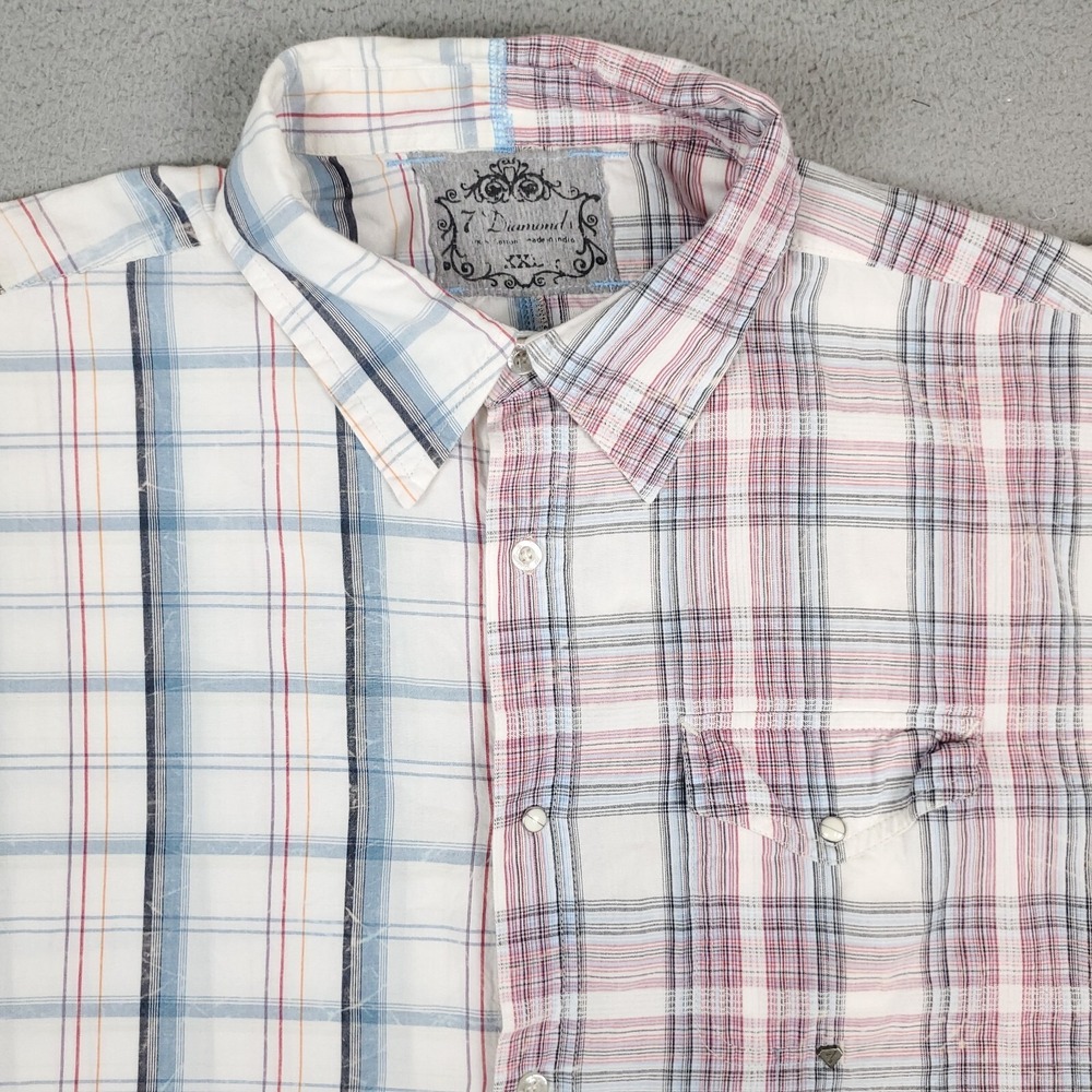7 Diamonds Snap Button Check Plaid Mens BUtton Up Shirt Size 2XL *STAINED*